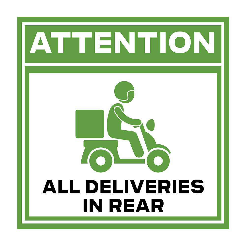 Square Plus Attention All Deliveries in Rear Wall or Door Sign | Health & Safety