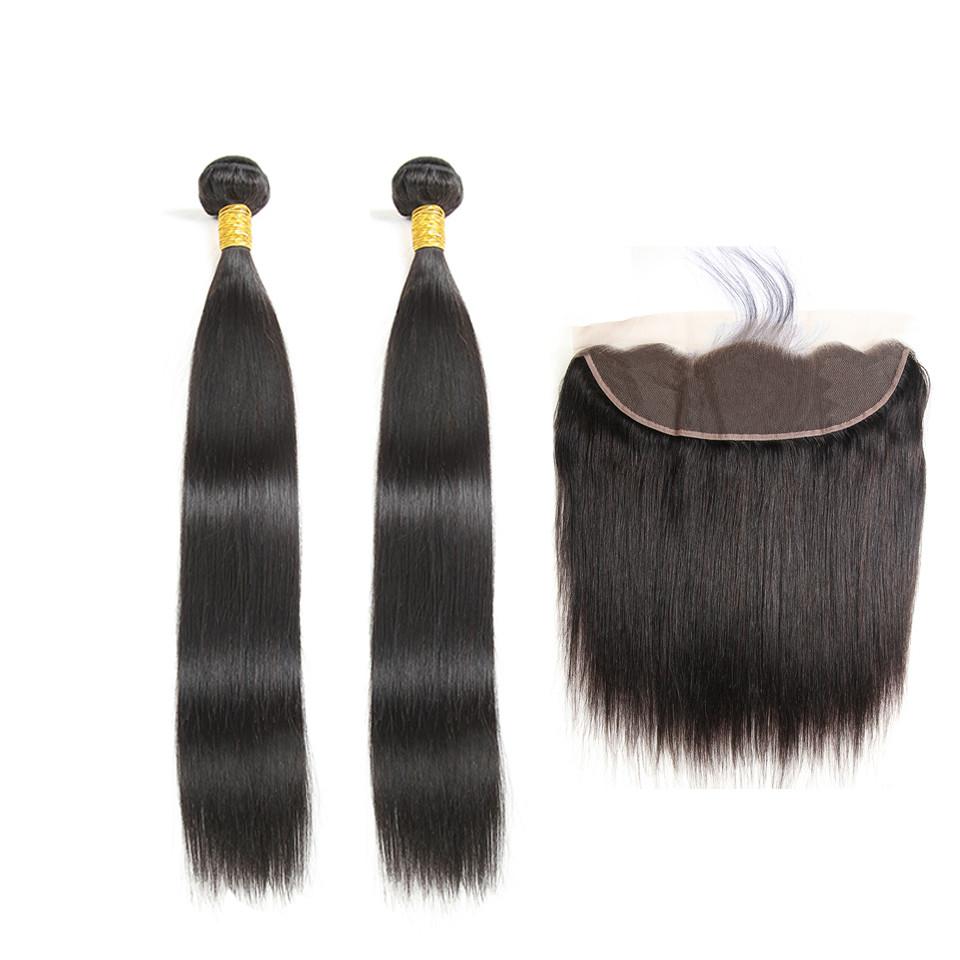 100% Frontal Straight Natural Black Brazilian Virgin Human Hair 2 Bundles 13×4