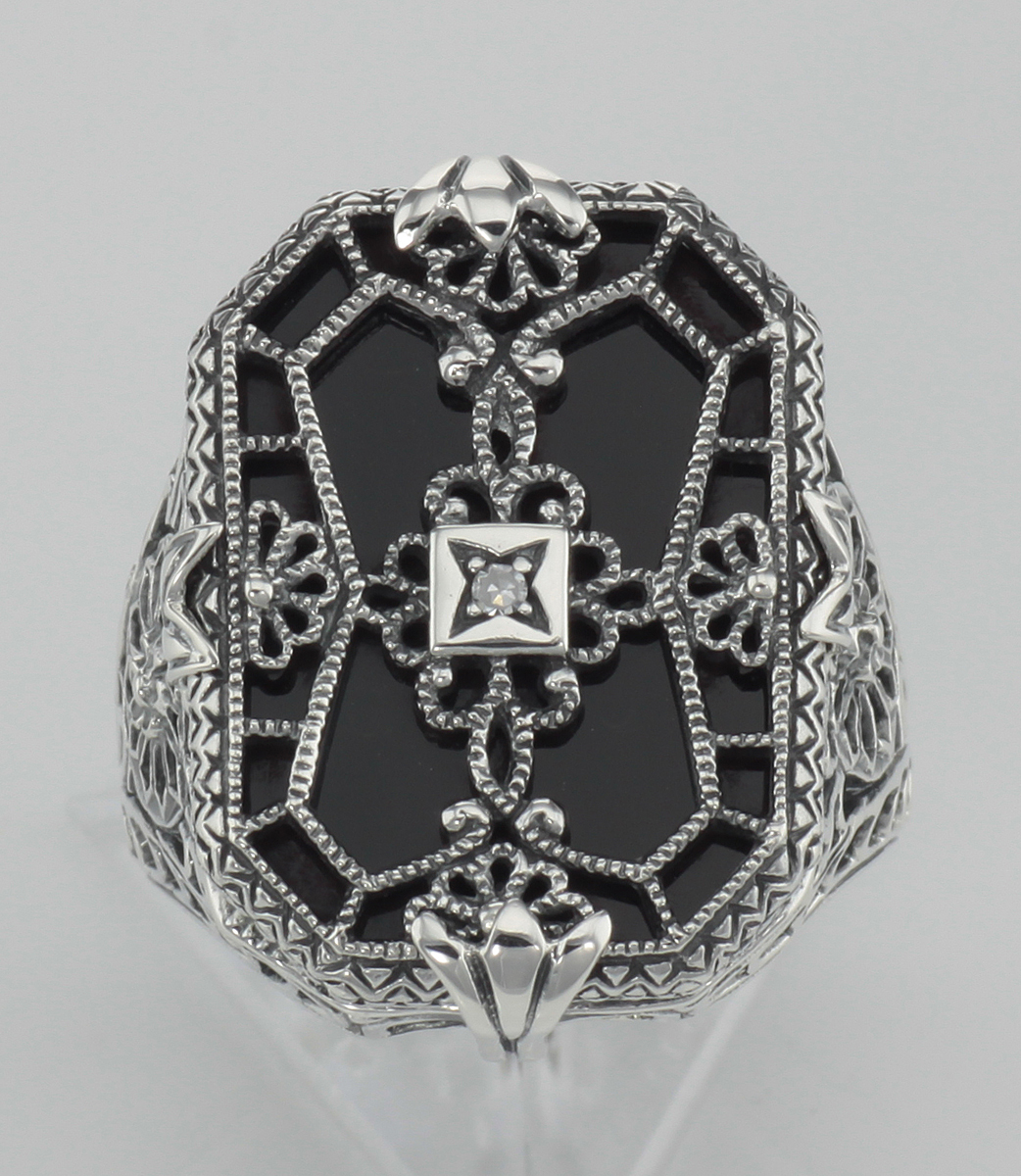 Victorian Style Black Onyx and Diamond Filigree Ring Sterling Silver