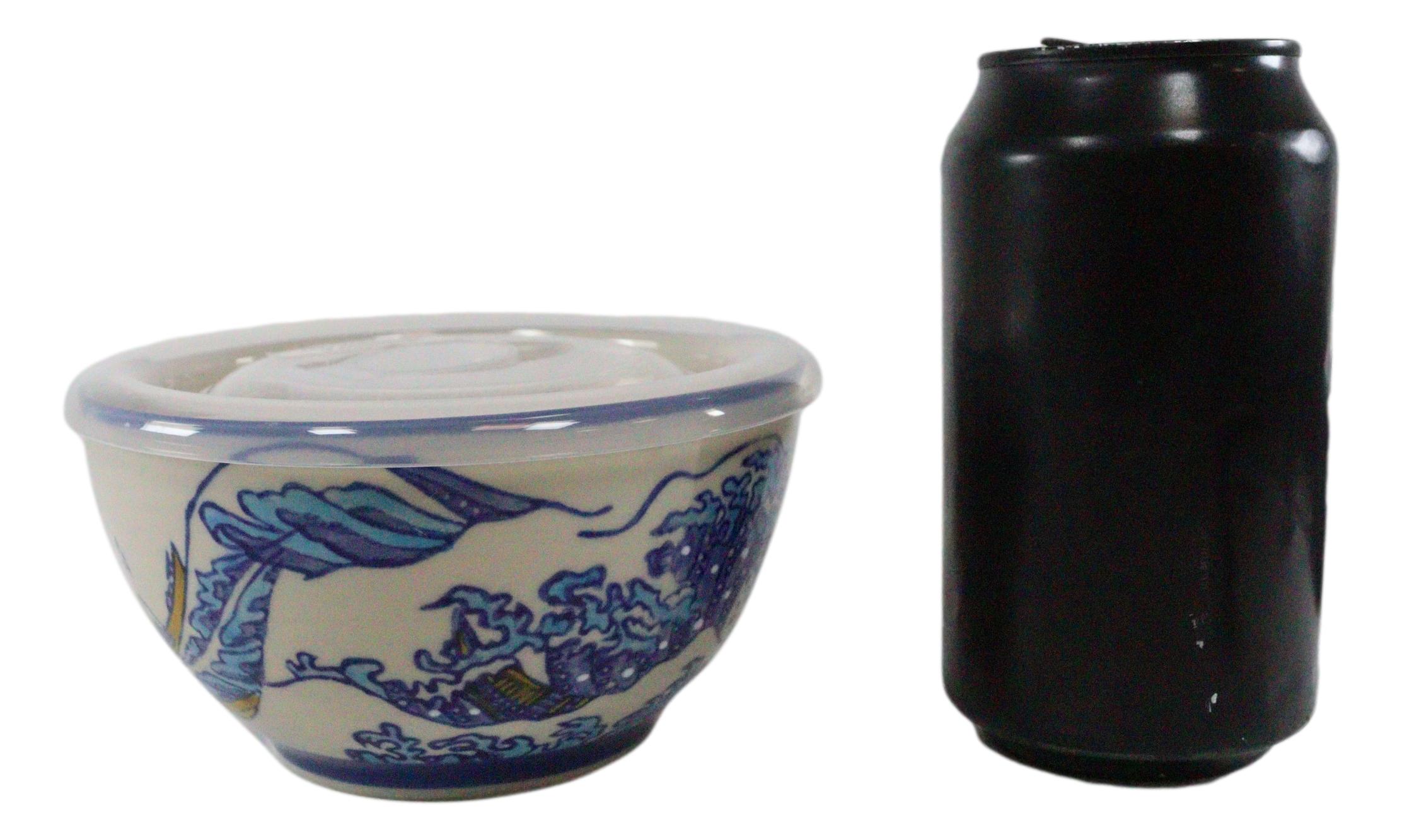 Ebros Set of 2 Ceramic Hokusai Great Wave Portion Meal Bowls 2 Cups W/ Lid - Picture 5 of 6