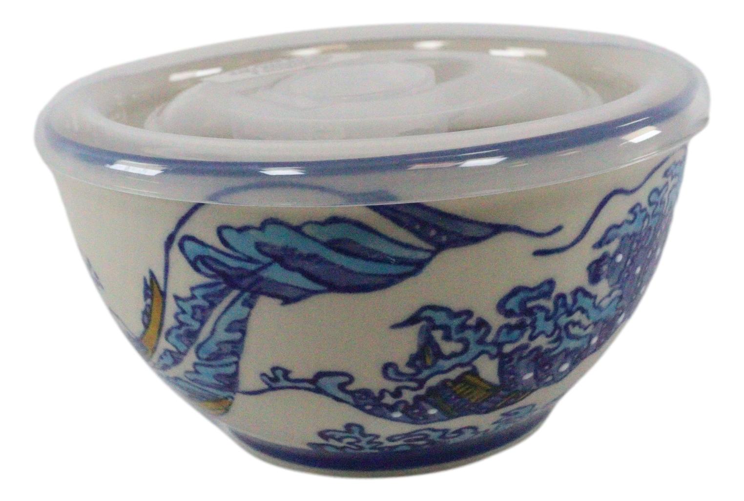 Ebros Set of 2 Ceramic Hokusai Great Wave Portion Meal Bowls 2 Cups W/ Lid - Picture 4 of 6