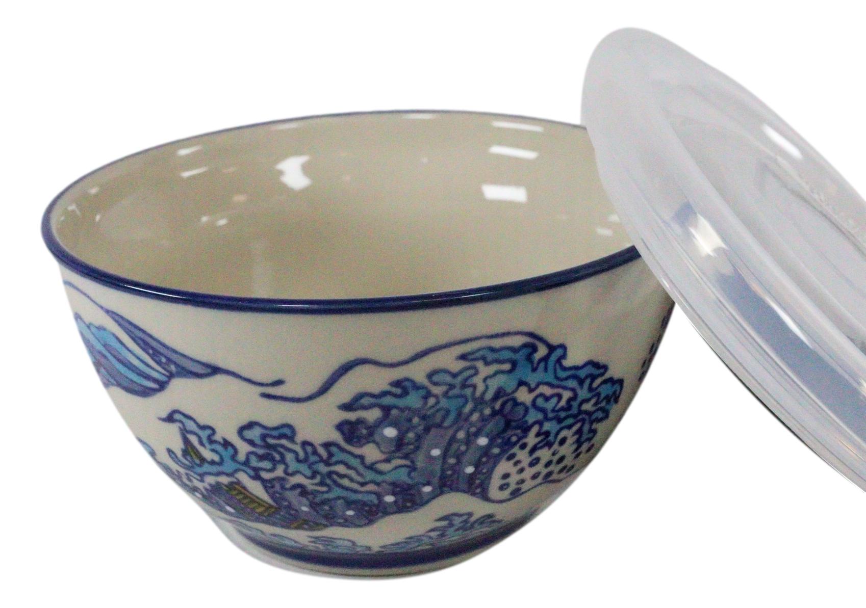Ebros Set of 2 Ceramic Hokusai Great Wave Portion Meal Bowls 2 Cups W/ Lid - Picture 3 of 6