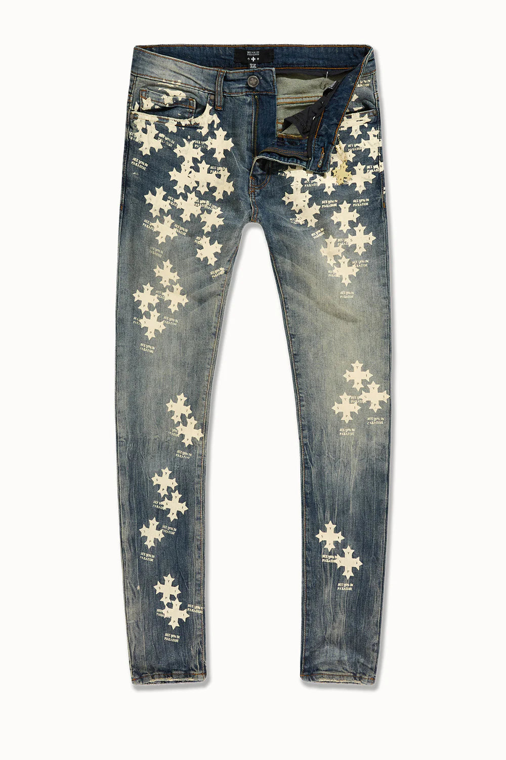 See you in paradise all over print stacked denim