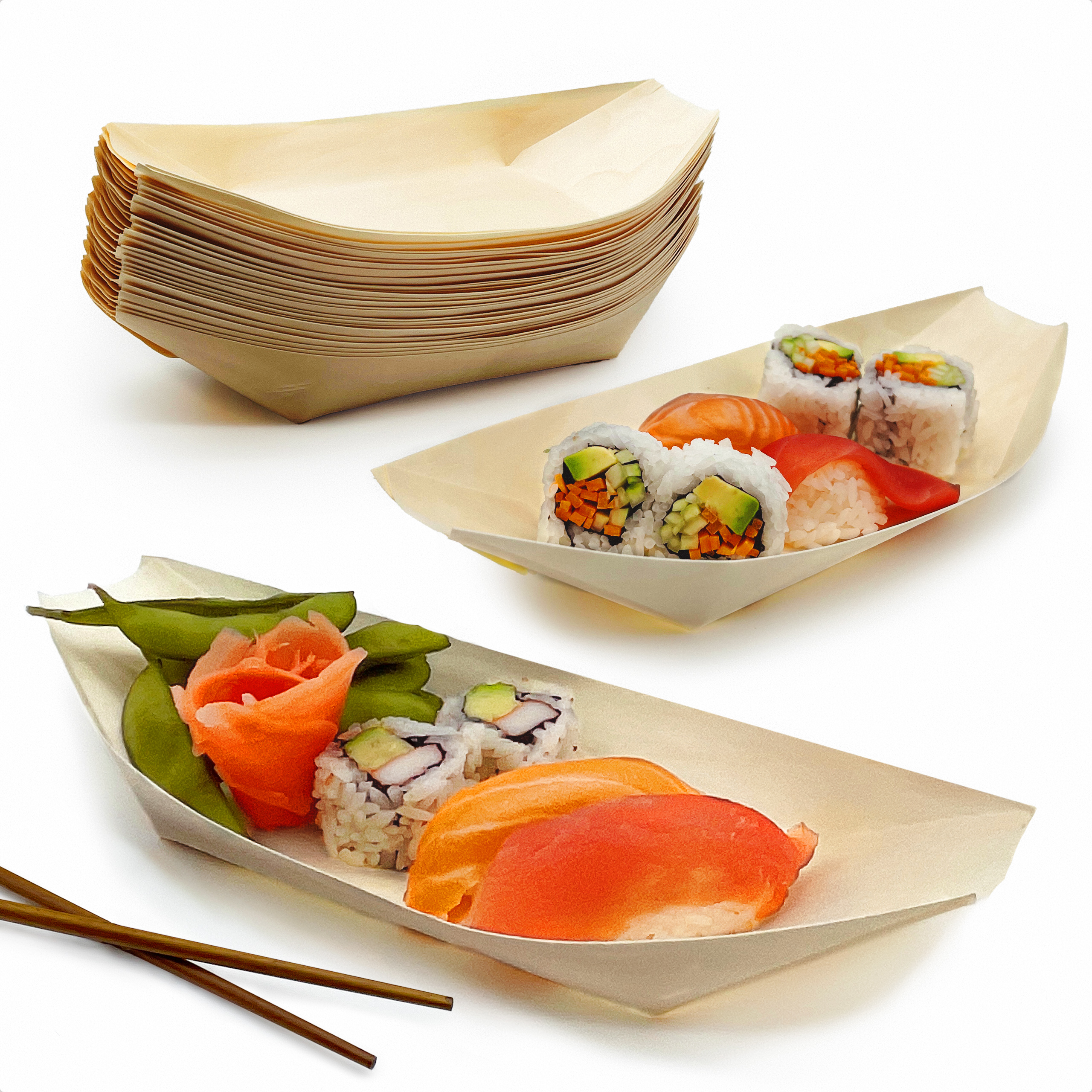 Barcos de sushi desechables de 10" - bandejas de madera de álamo biodegradables - Imagen 7 de 30