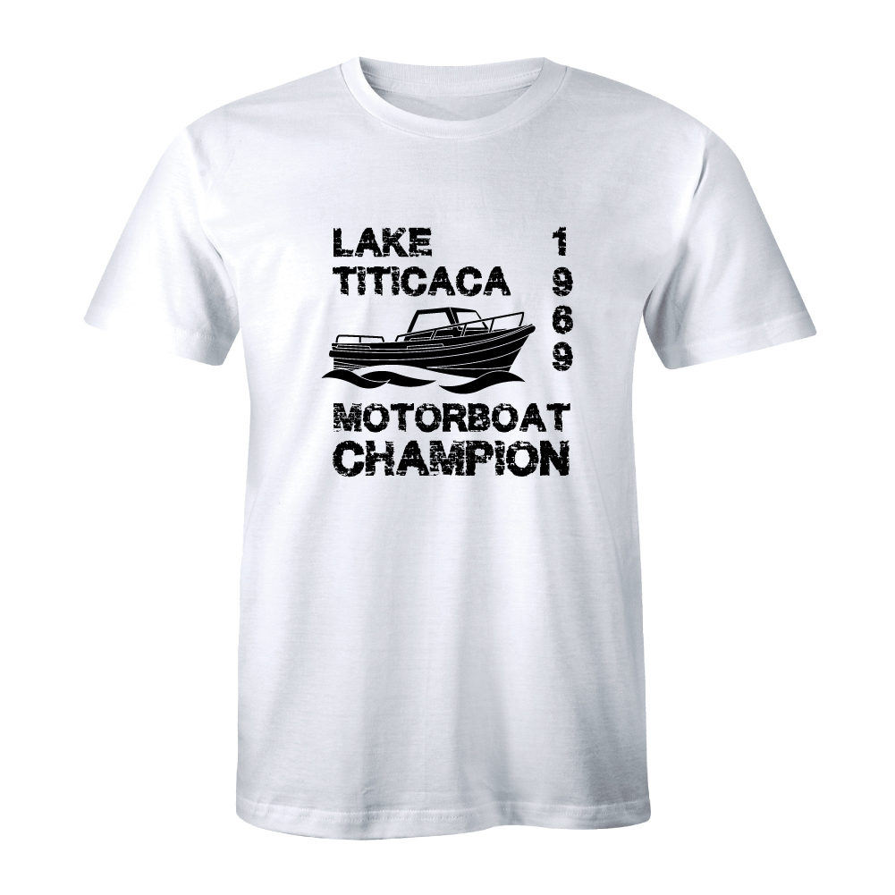 Mens Lake Titicaca T Shirt 1969 Motorboat Champion Adventure