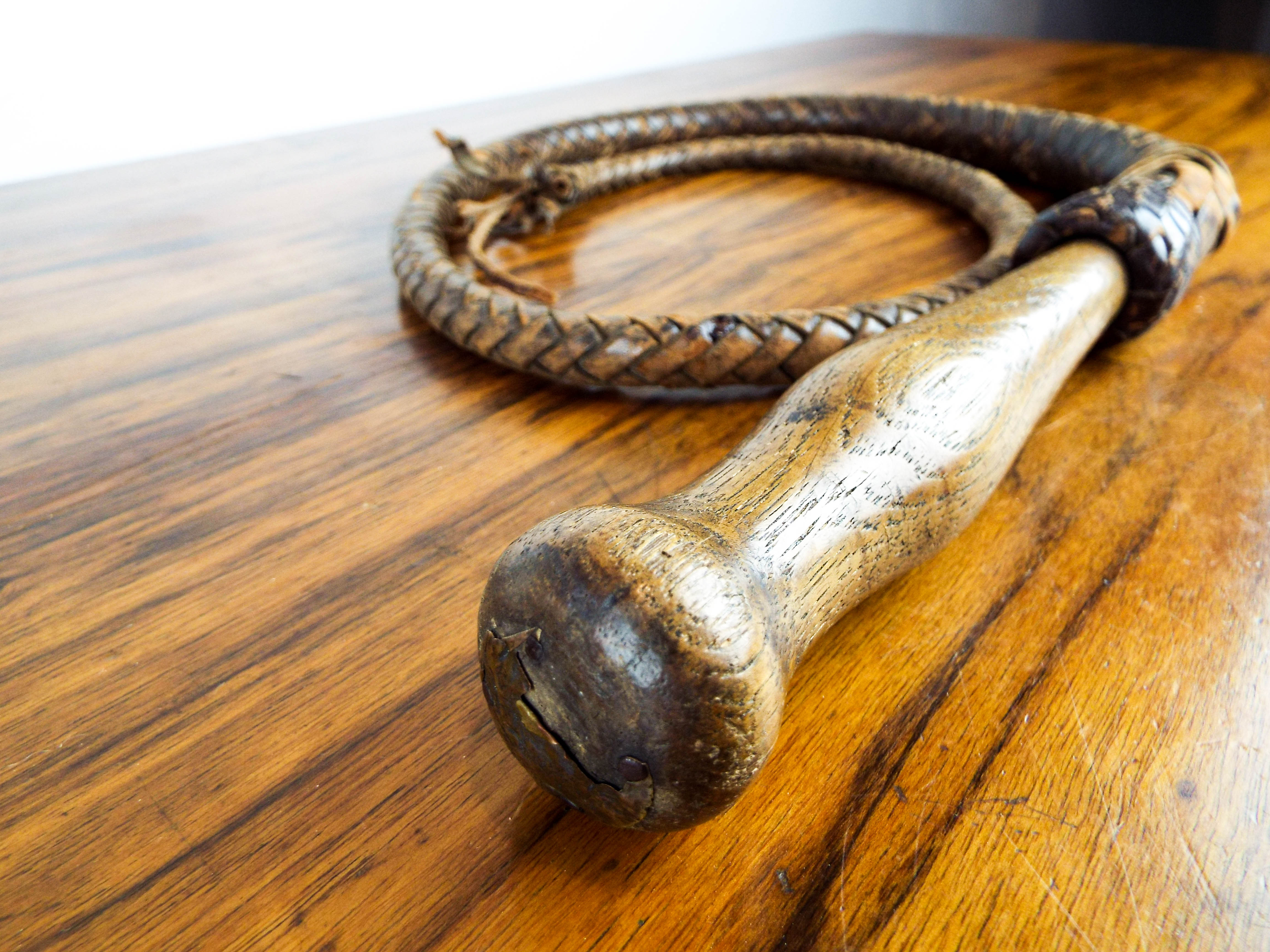 Vintage Western Style Brown Leather Bull Whip Braided Cowboy Plaited