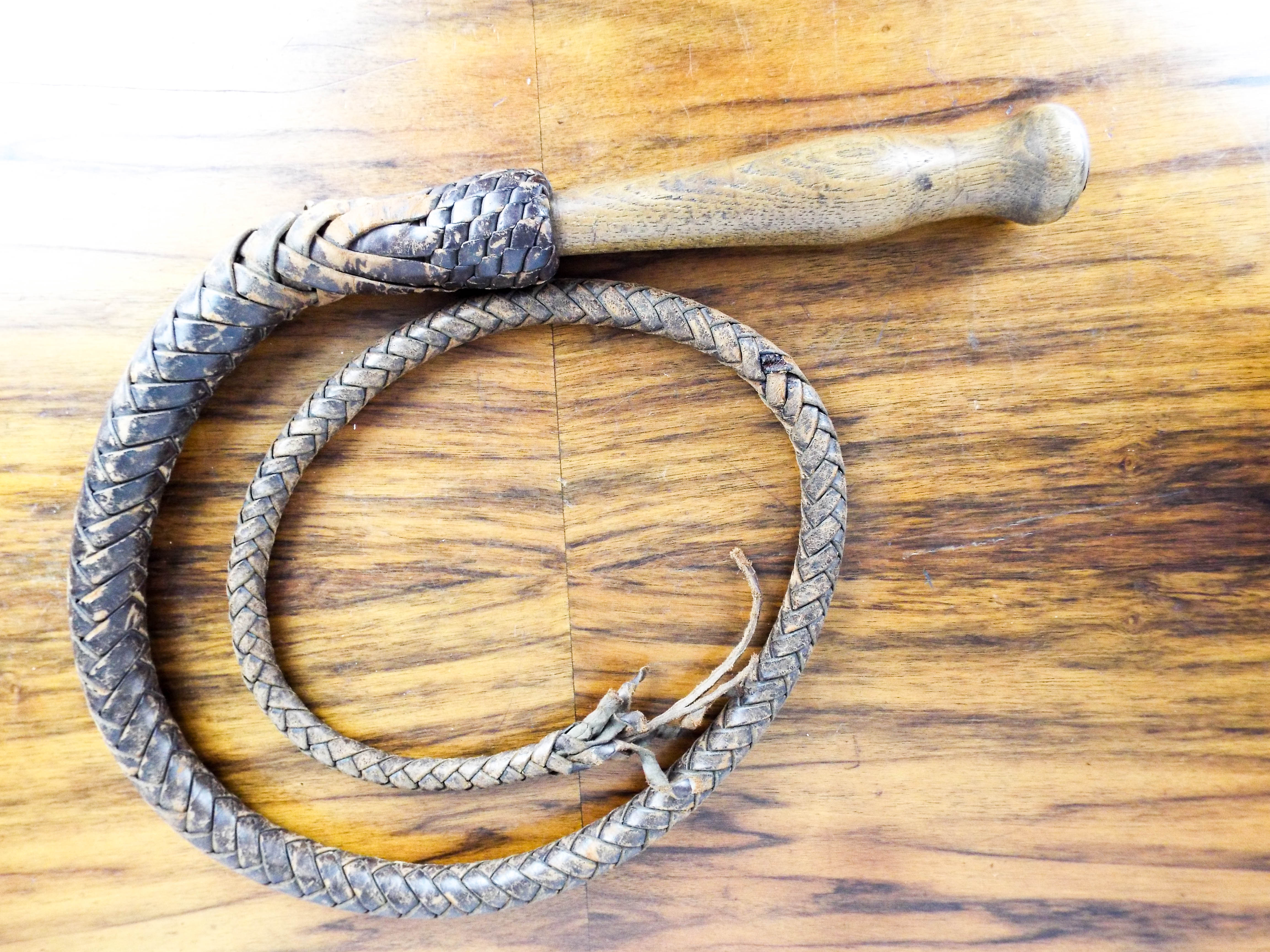 Vintage Western Style Brown Leather Bull Whip Braided Cowboy Plaited