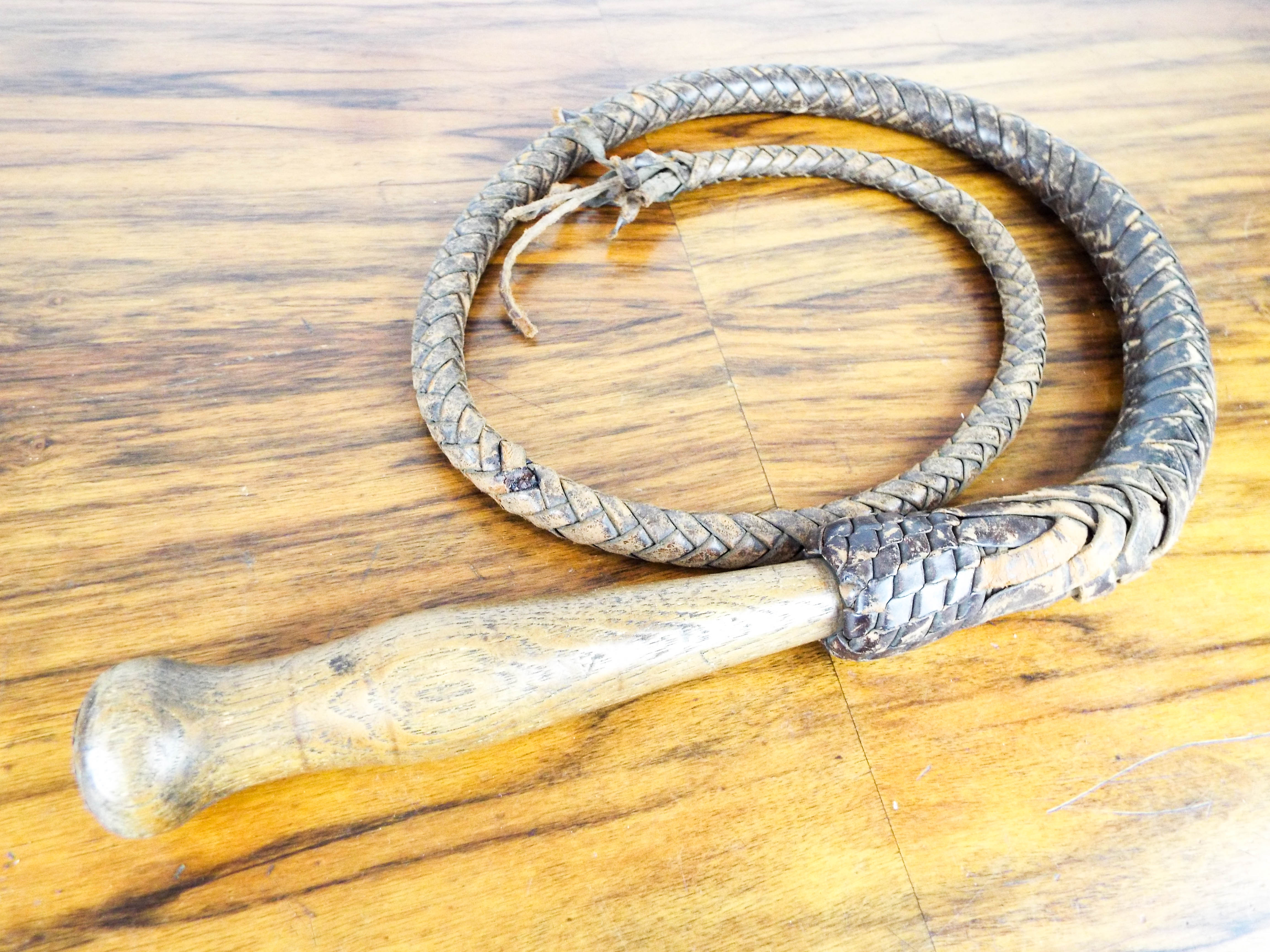 Vintage Western Style Brown Leather Bull Whip Braided Cowboy Plaited