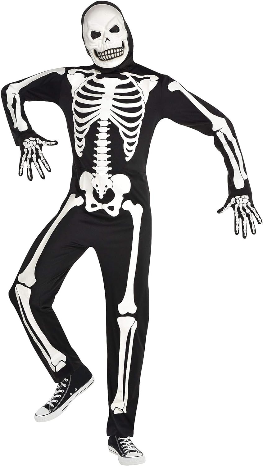 Large Adults Black Hooded All In One Skeleton Costume - Foto 8