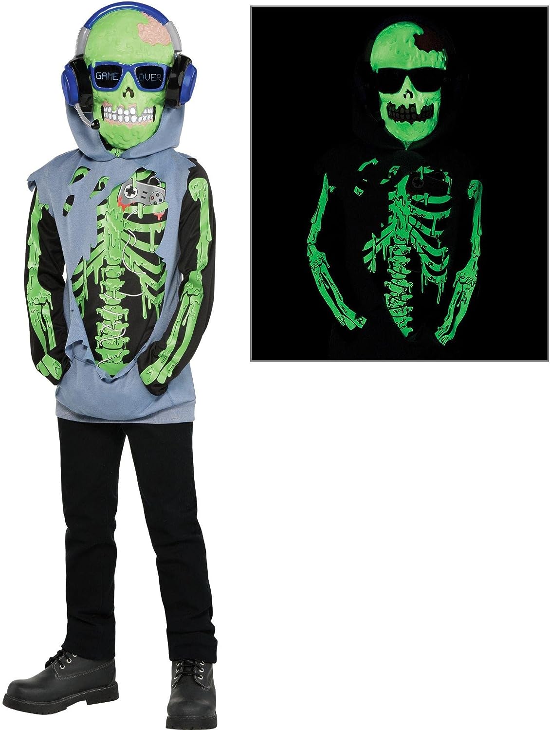 Zombie Gamer Skull Skeleton Suit Yourself Fancy Dress Up Halloween Child  Costume