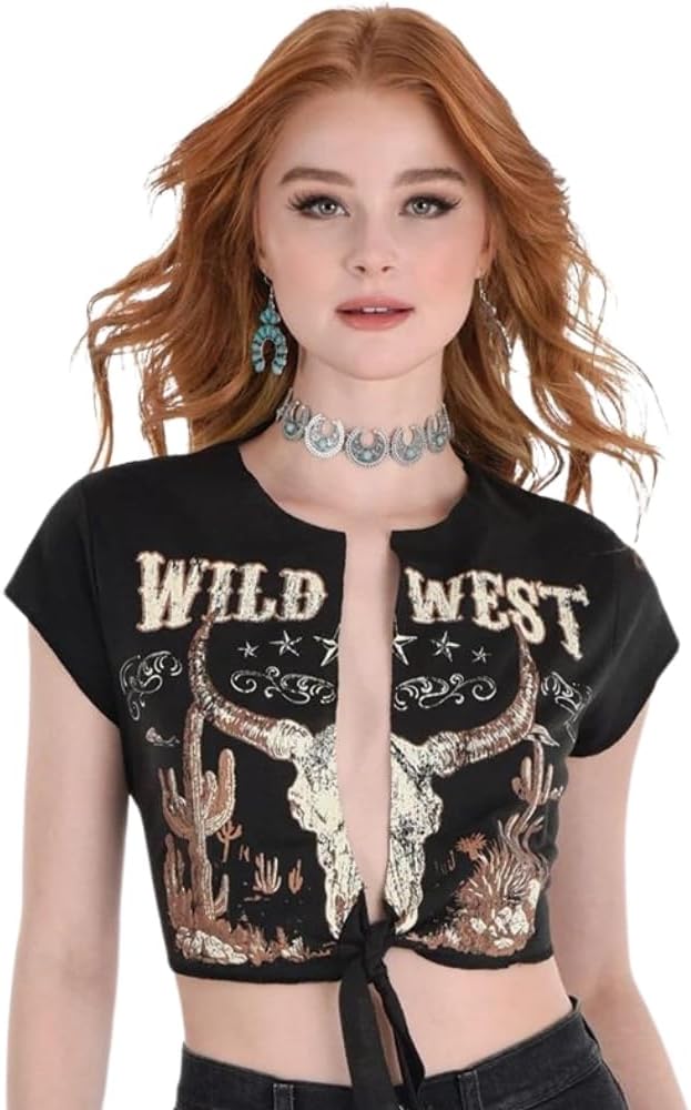 Western Cropped Shirt Cowgirl Suit Yourself Fancy Dress Halloween Adult Costume - Picture 3 of 8