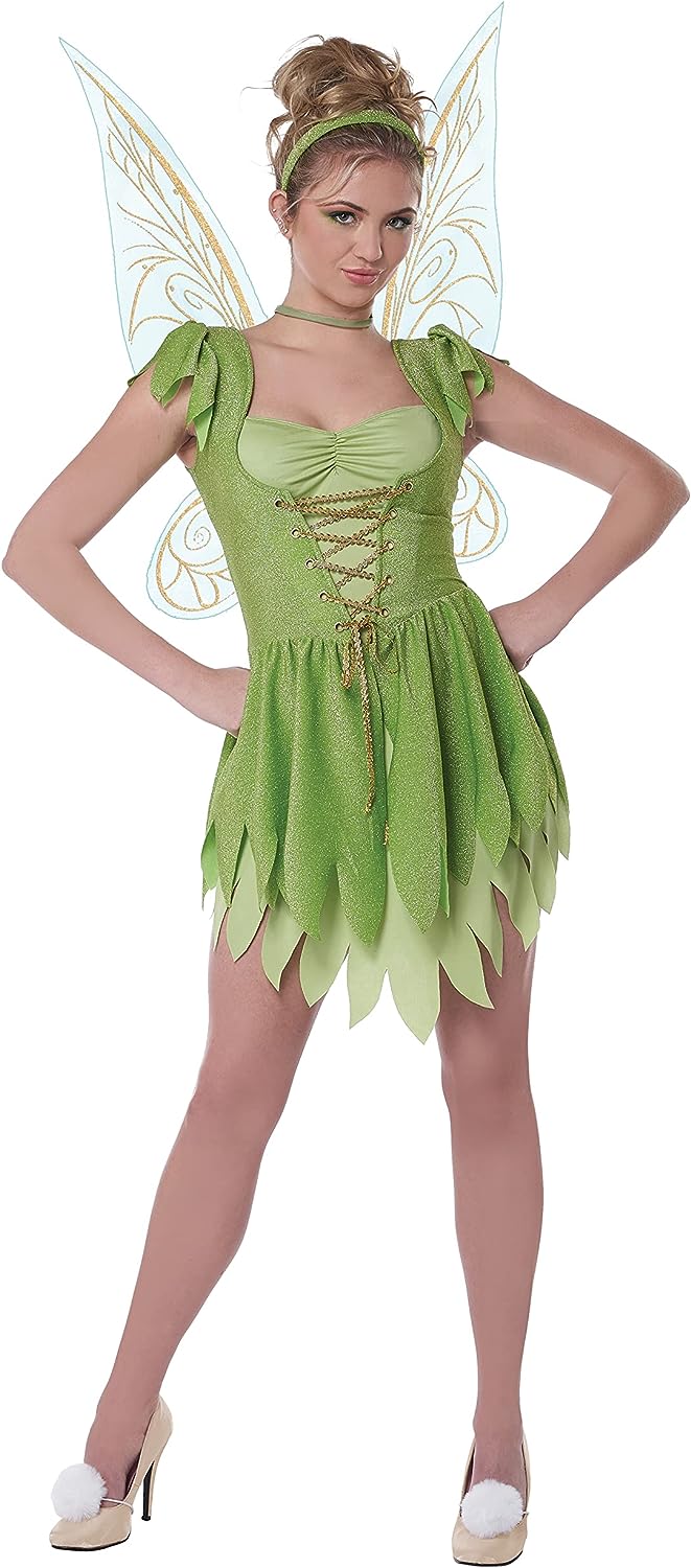 Classic Tinker Bell Fairy Pixie Green Fancy Dress Up Halloween Adult Costume - Picture 5 of 10