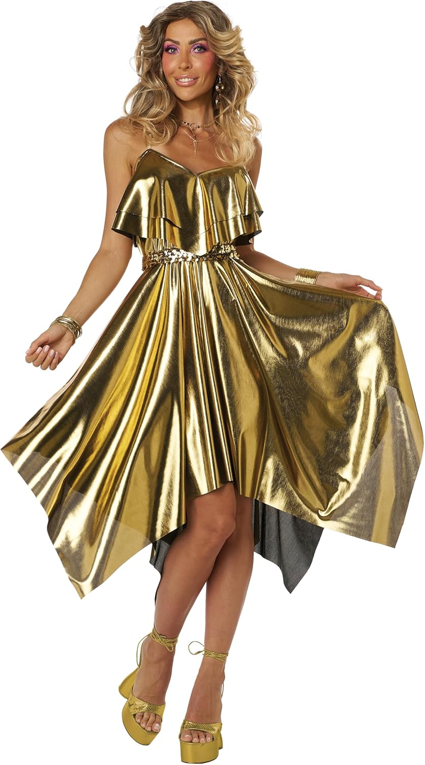 70’s Disco Dress Gold Retro Dance Girl Woman Fancy Dress Halloween Adult Costume