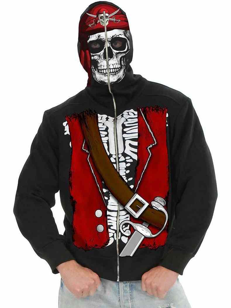 Pirate Skull Hoodie Caribbean Ghost Fancy Dress Up Halloween Costume Accessory - Picture 5 of 10