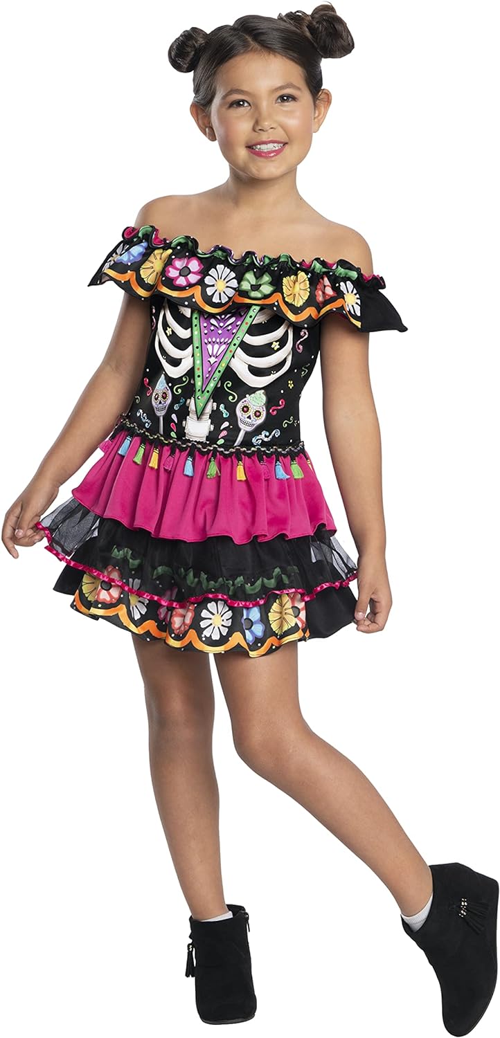 Day of the Dead Skeleton Girl Dia Muertos Fancy Dress Up Halloween Child Costume - Picture 3 of 6