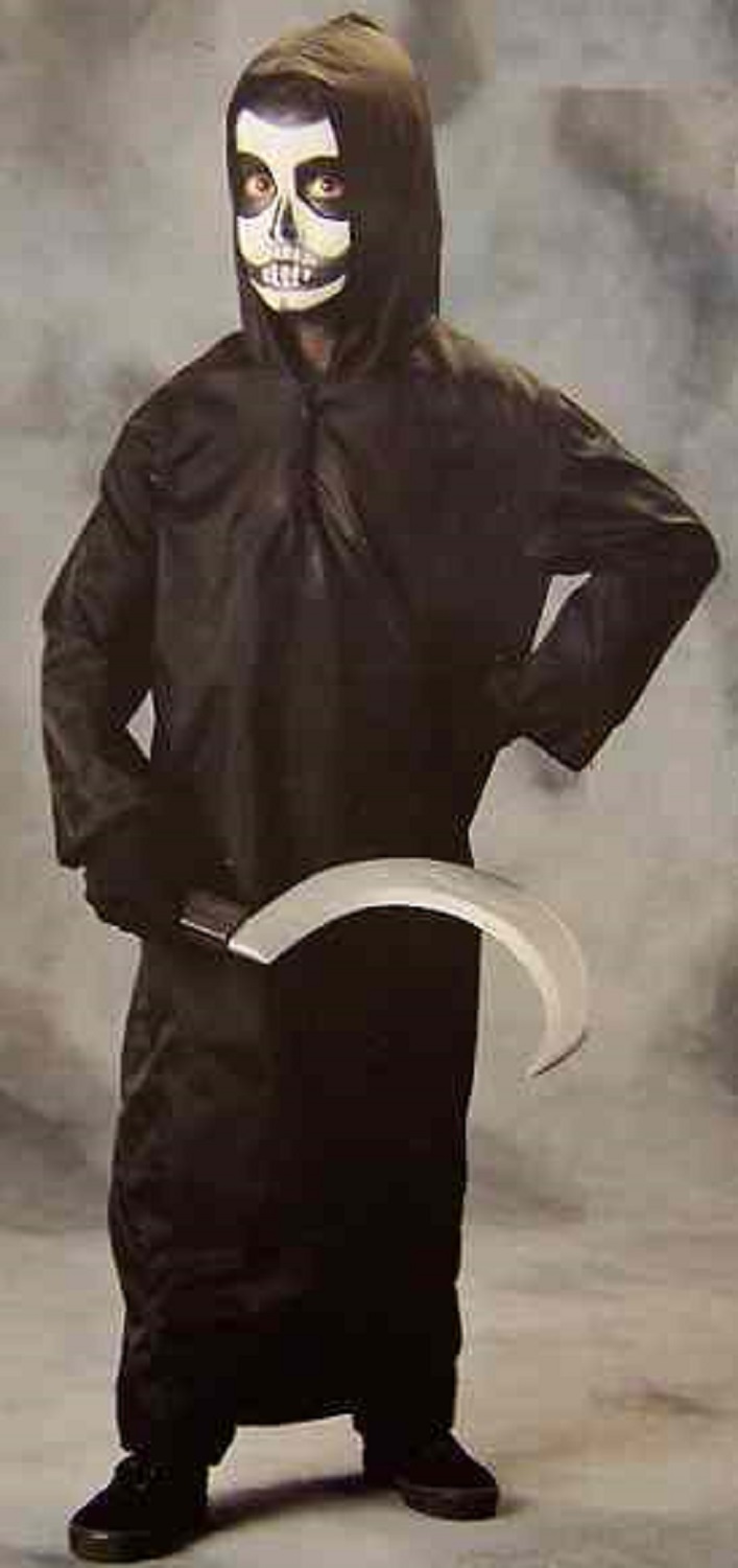 Black Hooded Robe Grim Reaper Skeleton Fancy Dress Up Halloween Child Costume - Picture 3 of 4