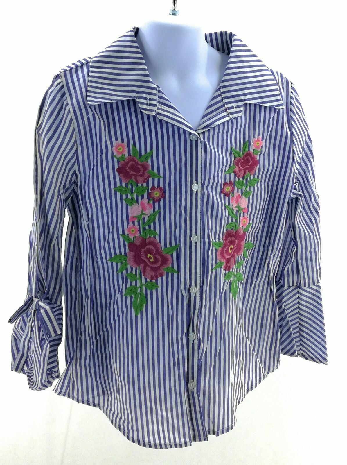 Beauties Top Girls Button Front Cold Shoulder Long Sleeve Blue and White - Picture 8 of 9
