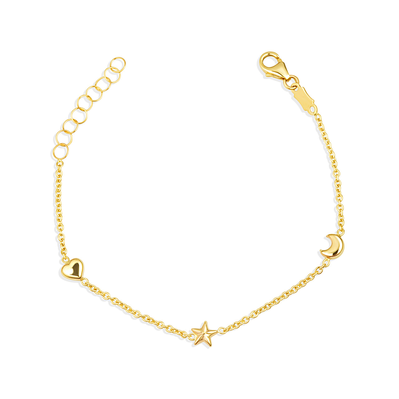 14K Yellow Gold Heart Celestial Star Moon Charm Baby Bracelet