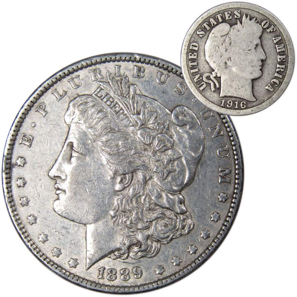 1890 S $1 Morgan Silver Dollar XF EF Extremely Fine with 1916 Barber Dime Good