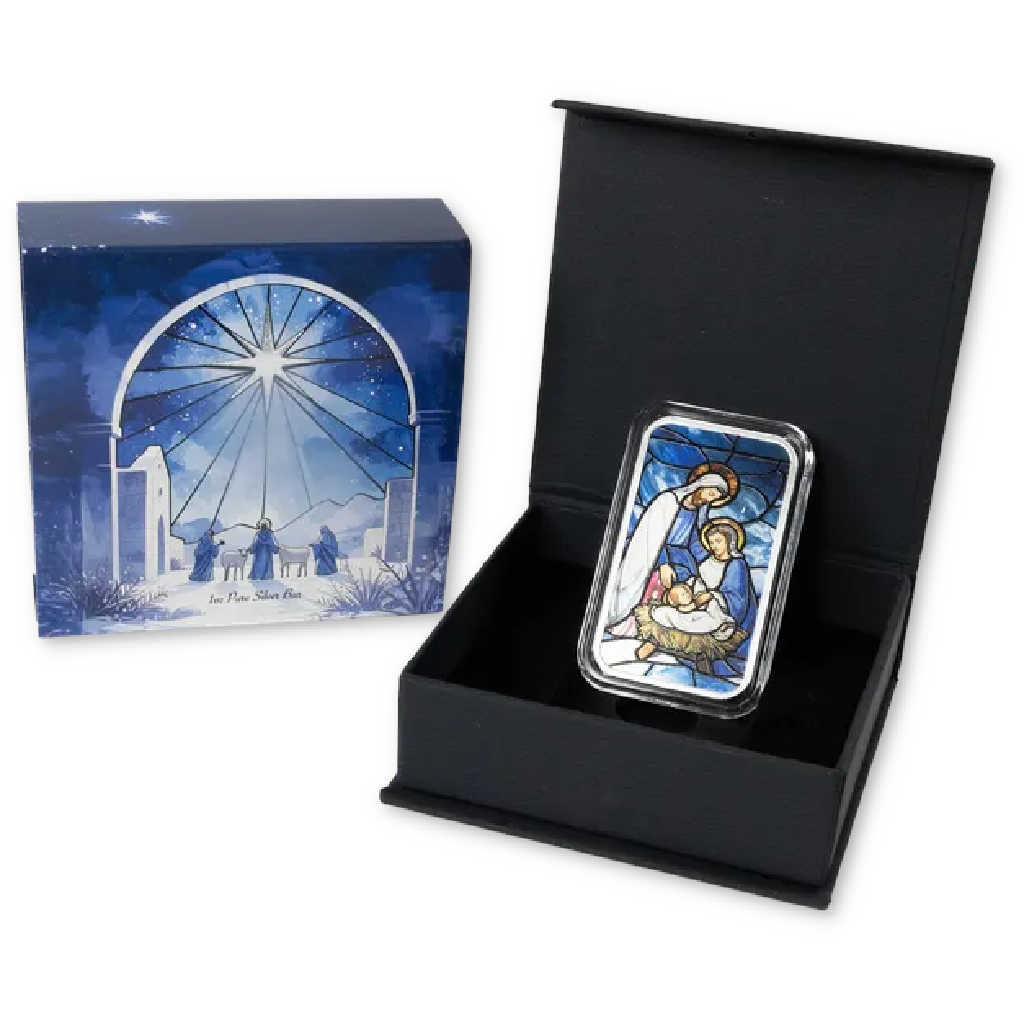 F*8様 〔⭐︎希少⭐︎〕【真金霊神チタン十寶祓＋マズプラズマ】+クリスタル台座 2025 Nativity Scene Colorized 1 oz Silver Bar Stained Glass Design