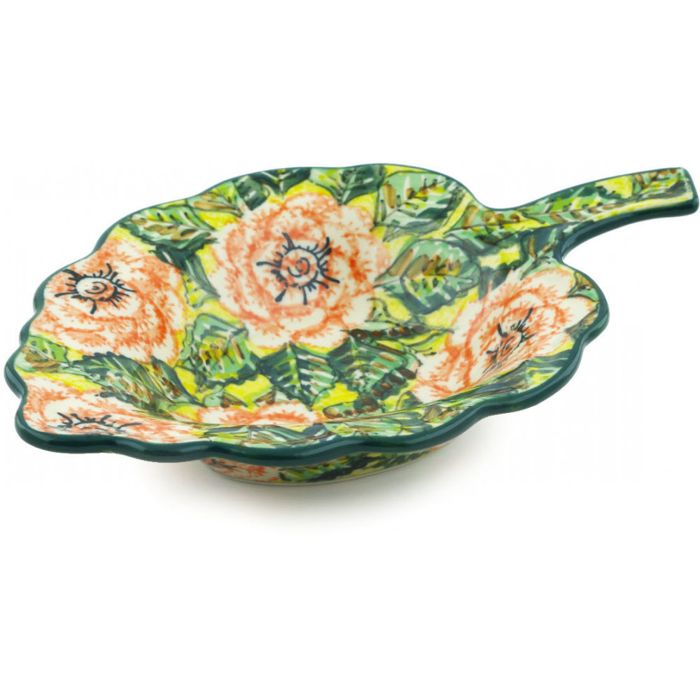 Polish Pottery Leaf Shaped Bowl 11" Ceramika Artystyczna Orange Peonies