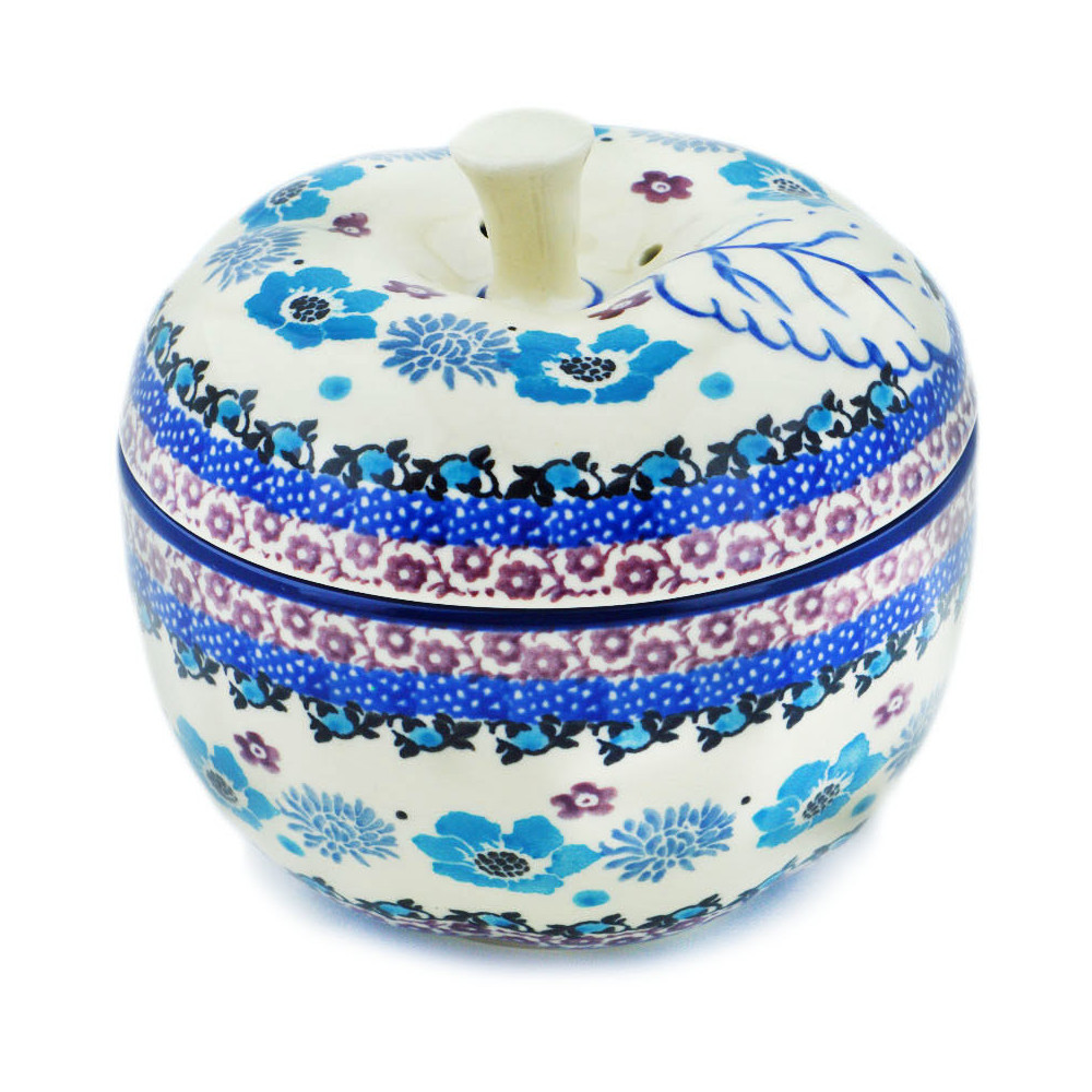 Polish Pottery Apple Shaped Jar 5" Ceramika Artystyczna Blooming Blues
