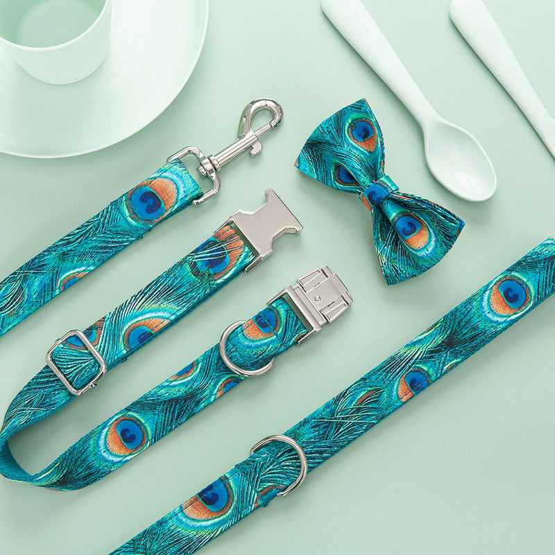 Peacock Print Collar, Leash, & Bow Set