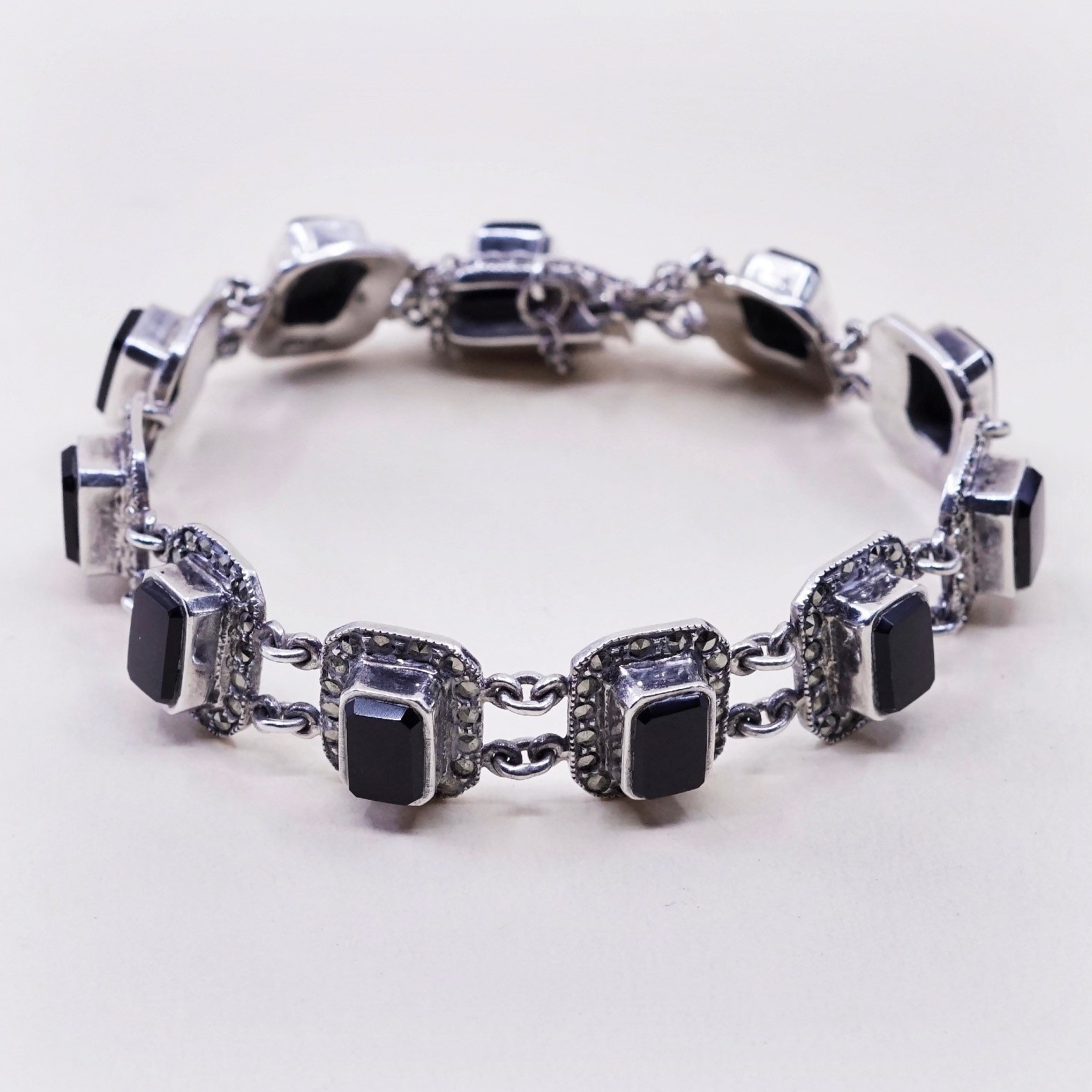 7”, vtg sterling 925 silver handmade tennis bracelet w/ obsidian and