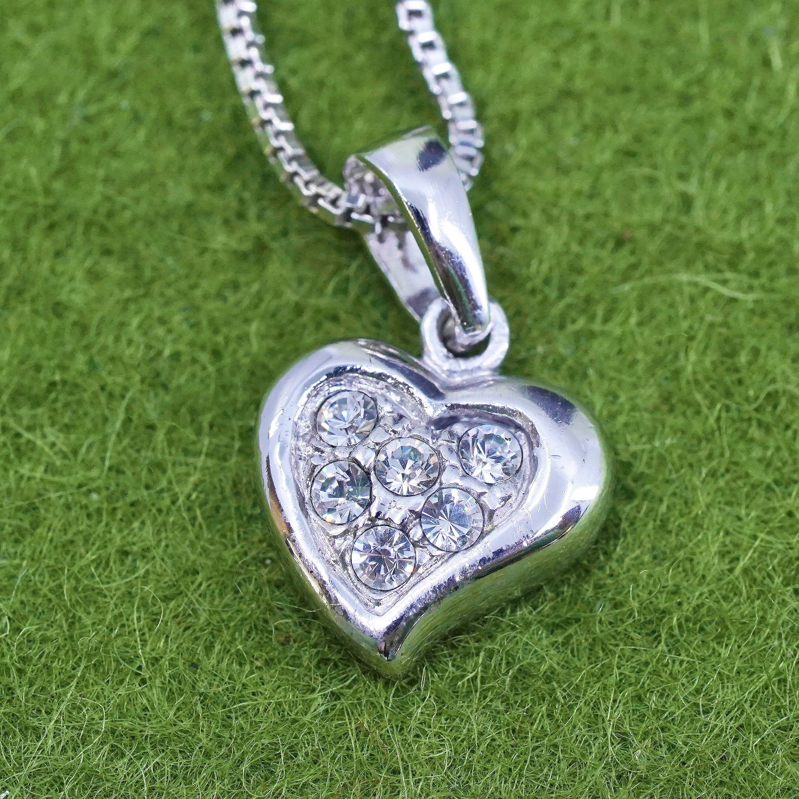 16”, Vintage sterling silver box chain necklace with cluster Cz heart pendant main product image
