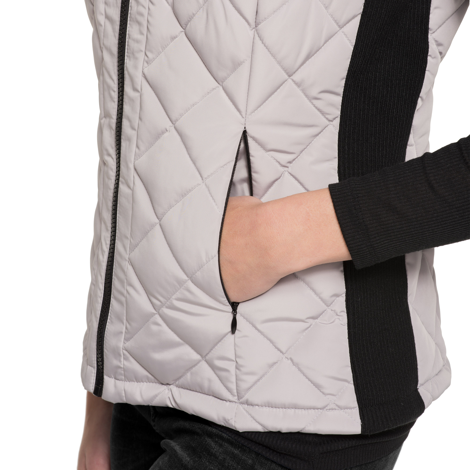 Large, Black Andrew Marc Womens Quilted Vest with Ribbed Knit side Panels and Collar