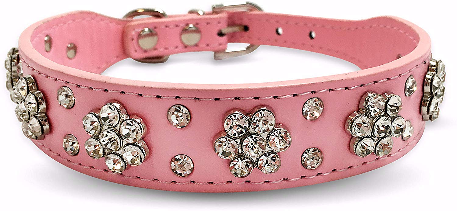 Pet Cuddle Genuine Leather Adjustable Crystal Diamond Dog Collar (Pink