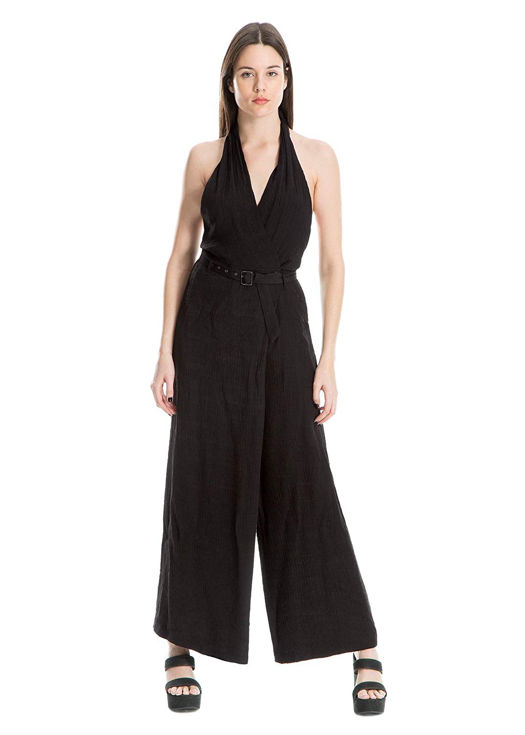 MAXSTUDIO Womens Wide-Leg Belted Halter Jumpsuit