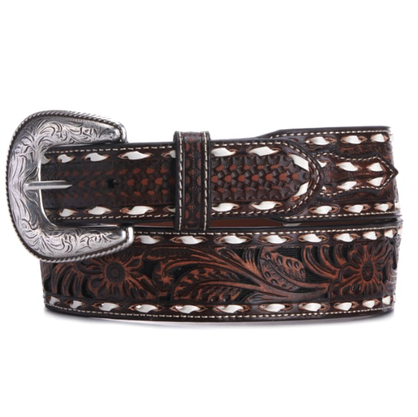 Ariat Mens Brown Floral Tooling and White Lacing Tapered Western Belt - Picture 9 of 10