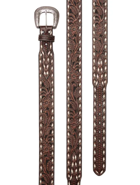Ariat Mens Brown Floral Tooling and White Lacing Tapered Western Belt - Picture 10 of 10