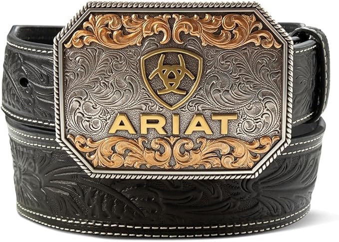 Ariat Mens Multi Finish Buckle Floral Embossed Tapered Leather Belt, Black - Picture 4 of 5