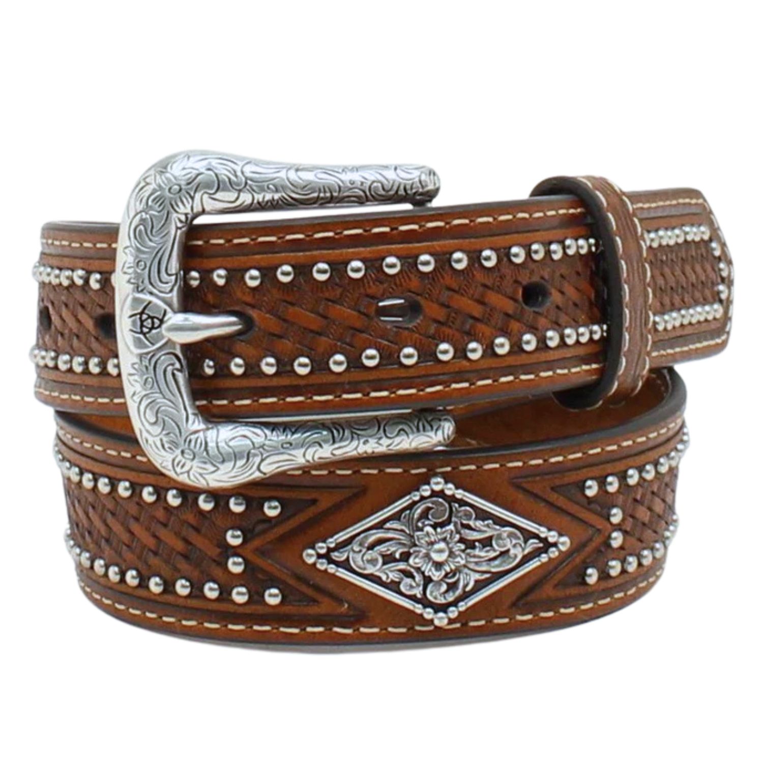 Ariat Boys Studded Diamond Concho Basket Weave Embossed Leather Belt - Picture 9 of 9
