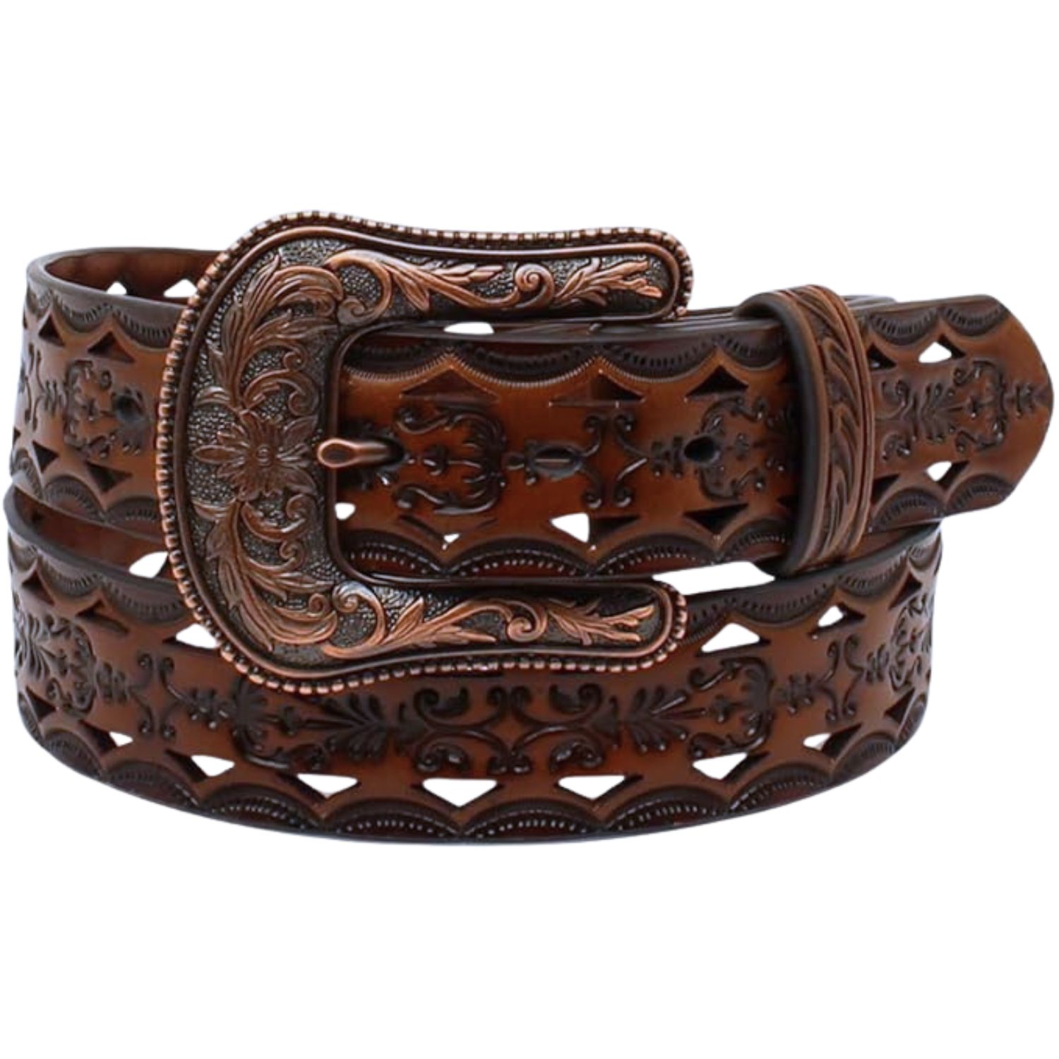 Ariat (Brown) Floral Tooled Leather Western Belt Womens XL A1523667 Ariat Ladies Scroll Tooled Leather Belt with Bronze Buckle  main image 2