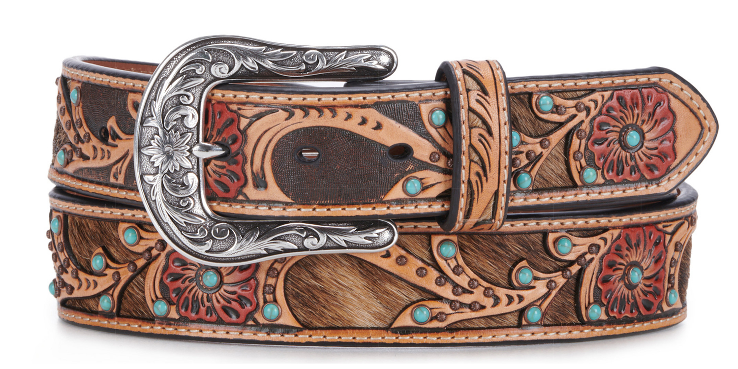 Ariat Womens Red Floral Tooled Calf Hair Underlay Leather  display picture 1