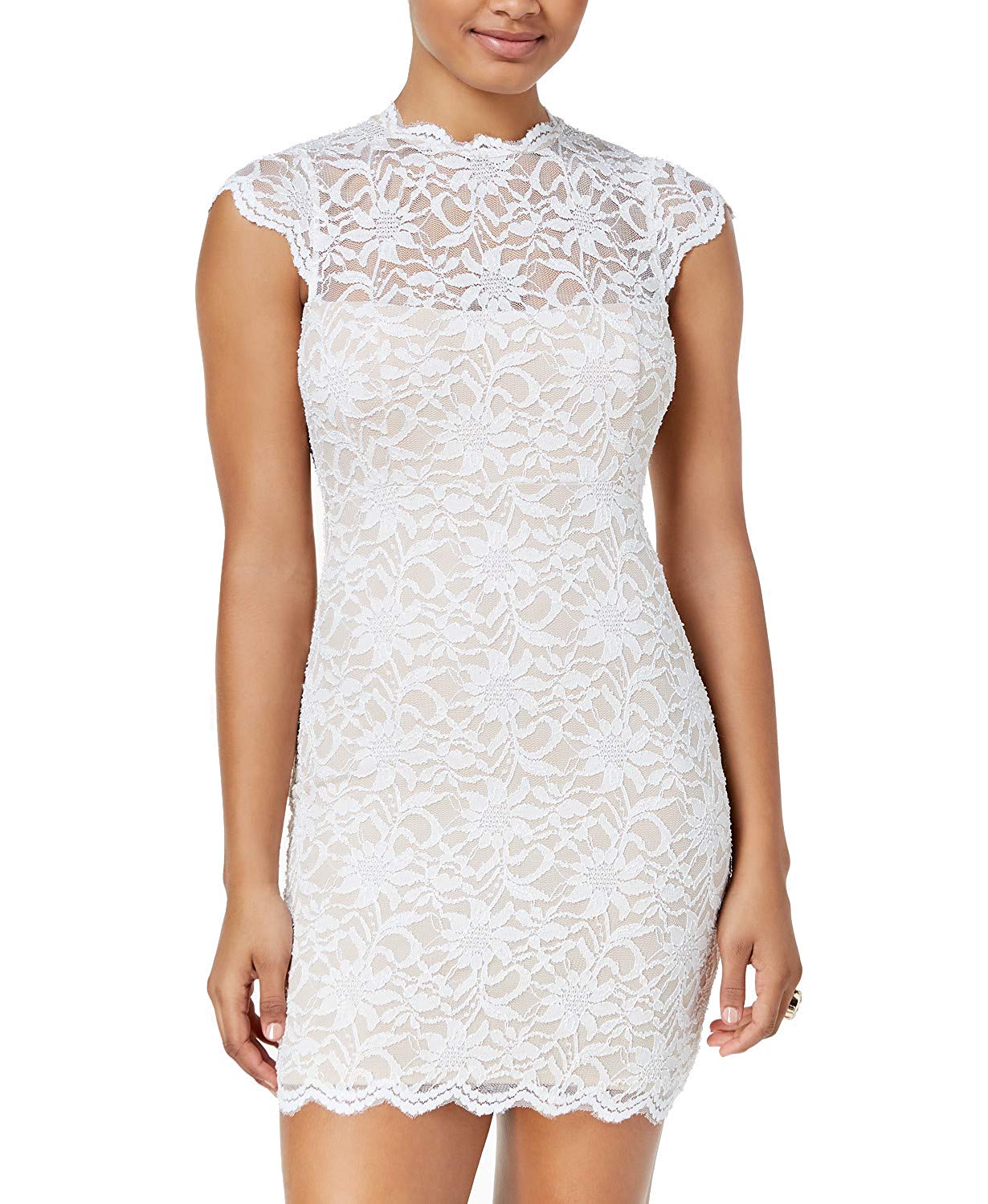Jump Juniors' Lace Mock-Neck Bodycon Dress - Ivory/Nude S