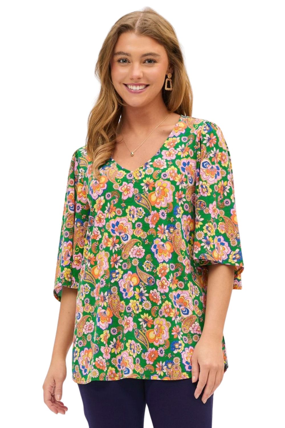Dear Scarlett Womens V-Neck Half Sleeve Cali Blouse, Kelly Green - Bild 8 von 8