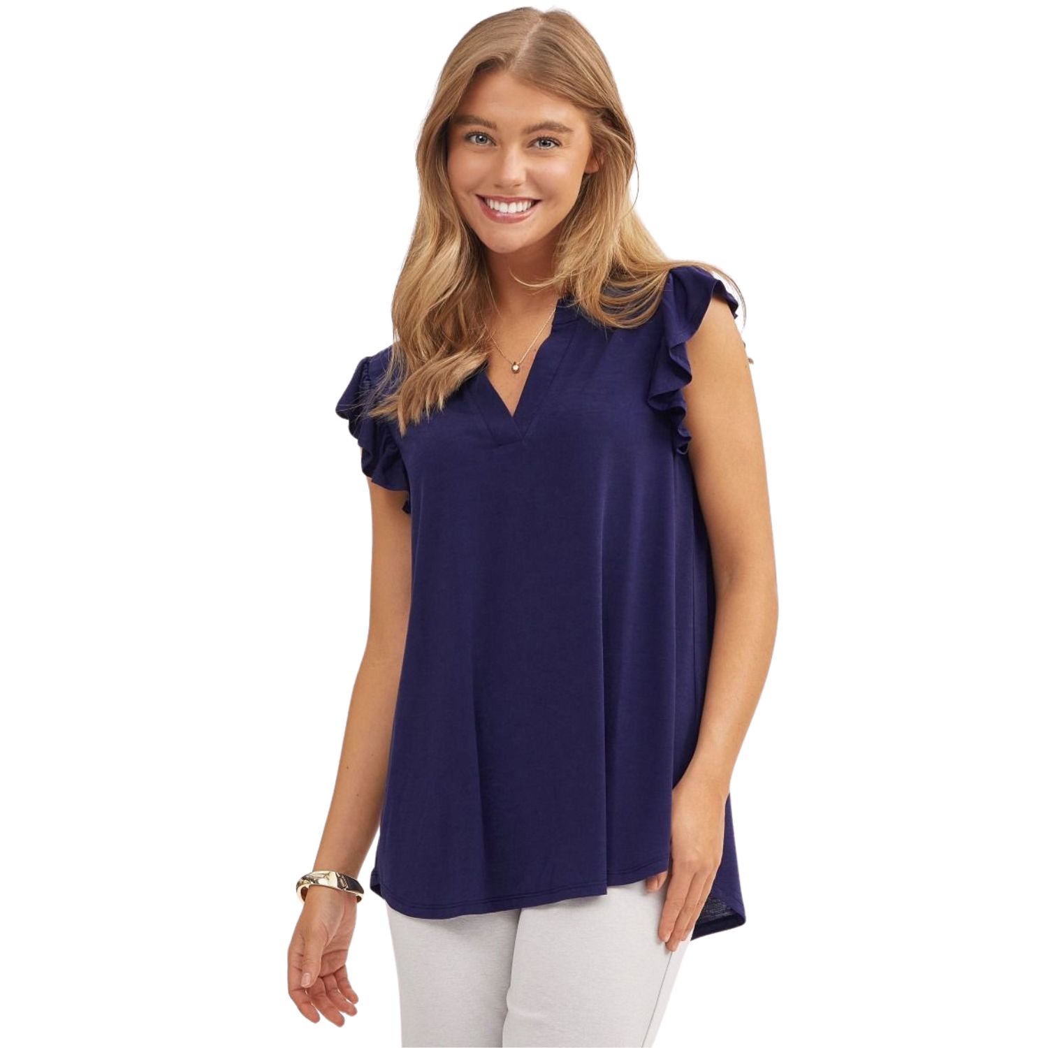 Dear Scarlett Womens Ruffle Lizzy Flutter Tank Top, Navy