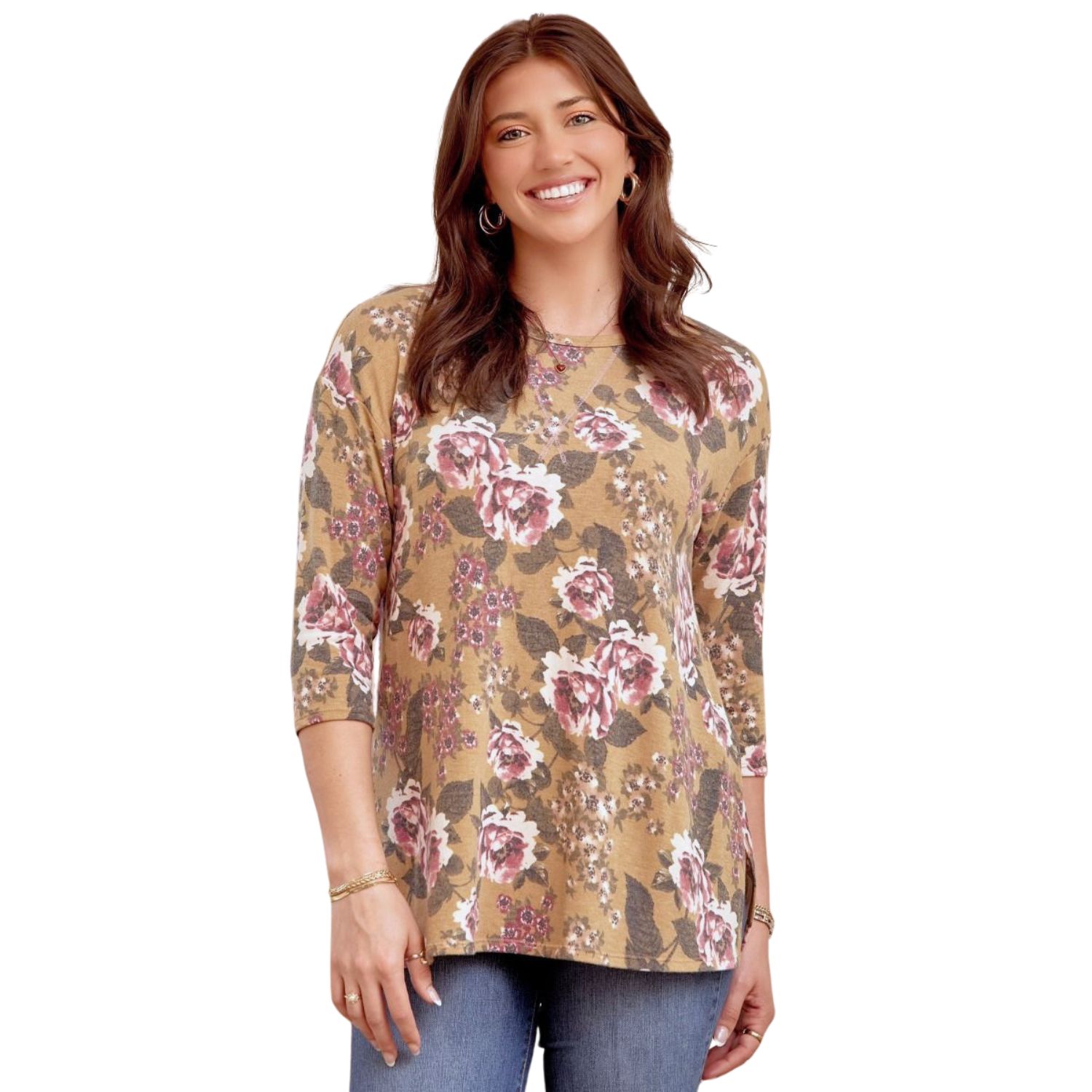 Dear Scarlett Womens Knit 3/4″ Sleeve Tunic Top, Mustard Multi