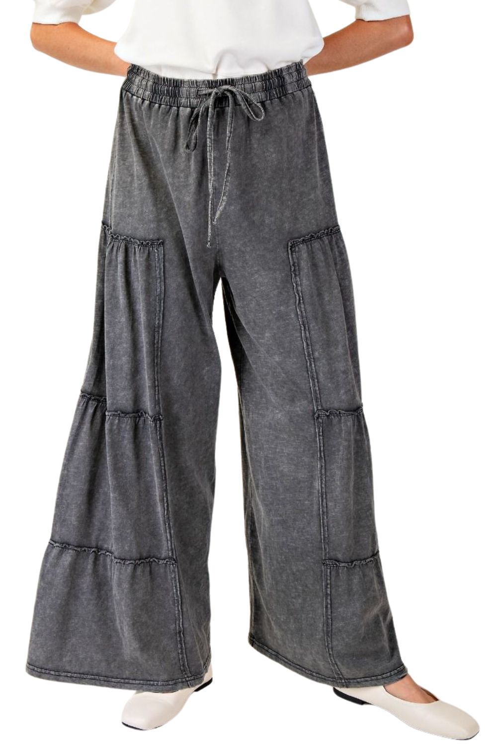Easel Womens Mineral Washed Wide Leg Tiered Pant, Black | eBay