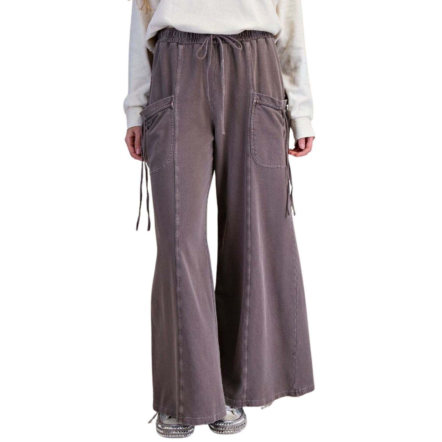 Easel Womens Mineral Washed Terry Knit Wide Leg Pants