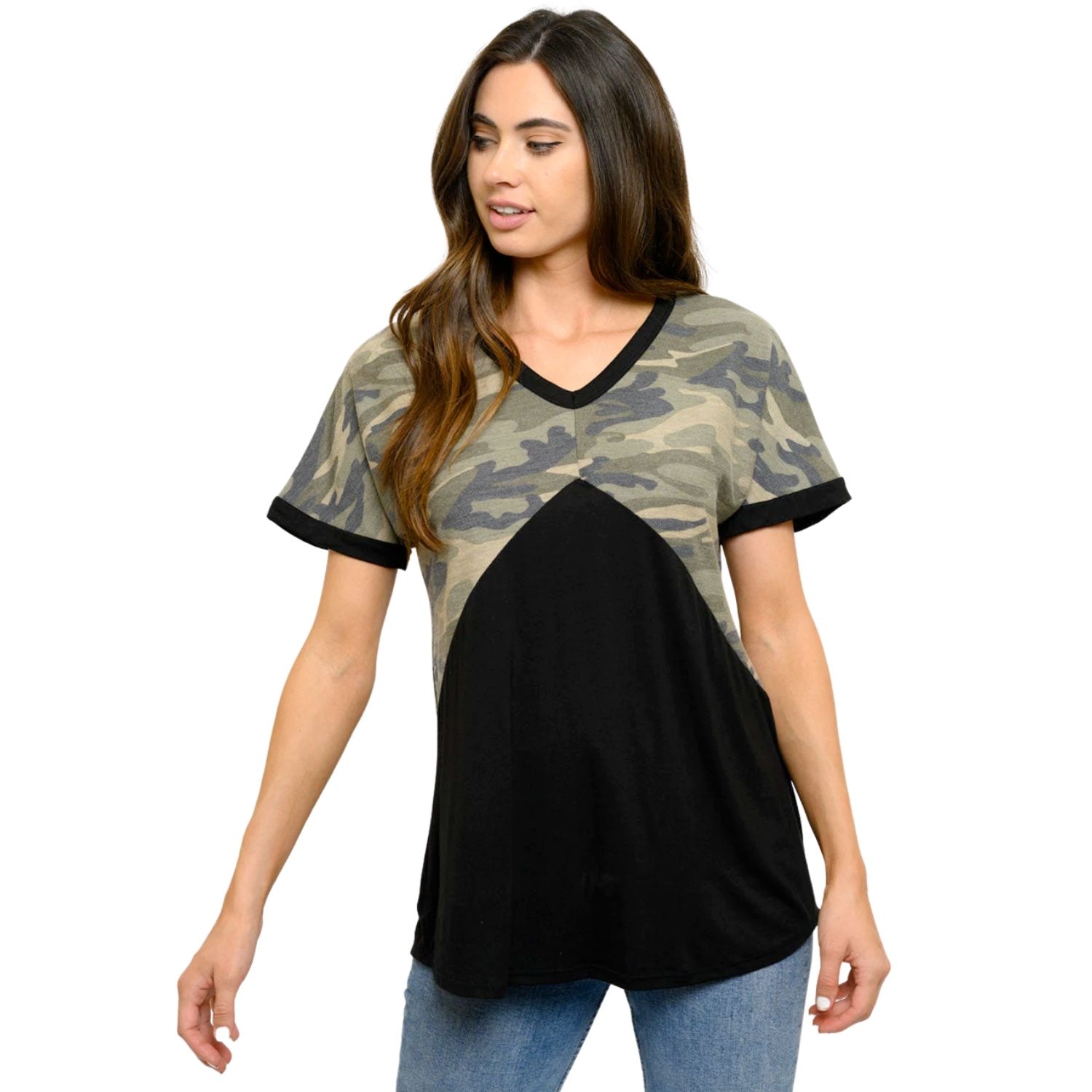 Heimish Womens Solid Camo Print Contrast Back Cut-out Short Sleeve Top
