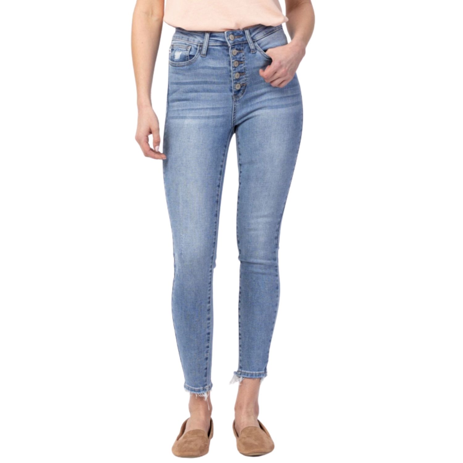 Judy Blue Womens High Rise Skinny Button Fly Frayed Hem Light Wash