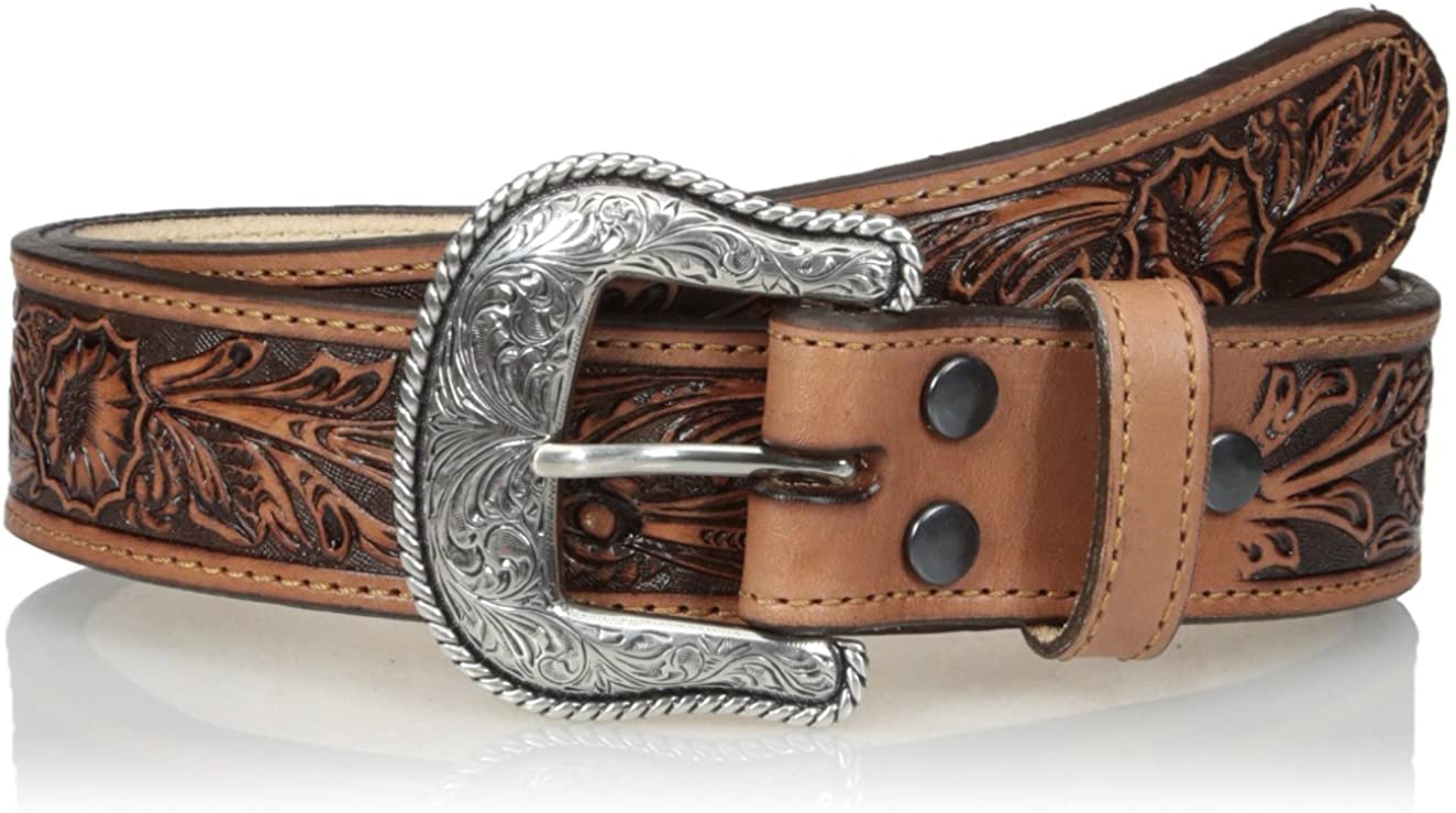 Vintage Floral Embossed & Stitched Brown Leather Belt Made In Mexico Size 34 Floral Embossed Leather Belt - Cellar Leather main image 2