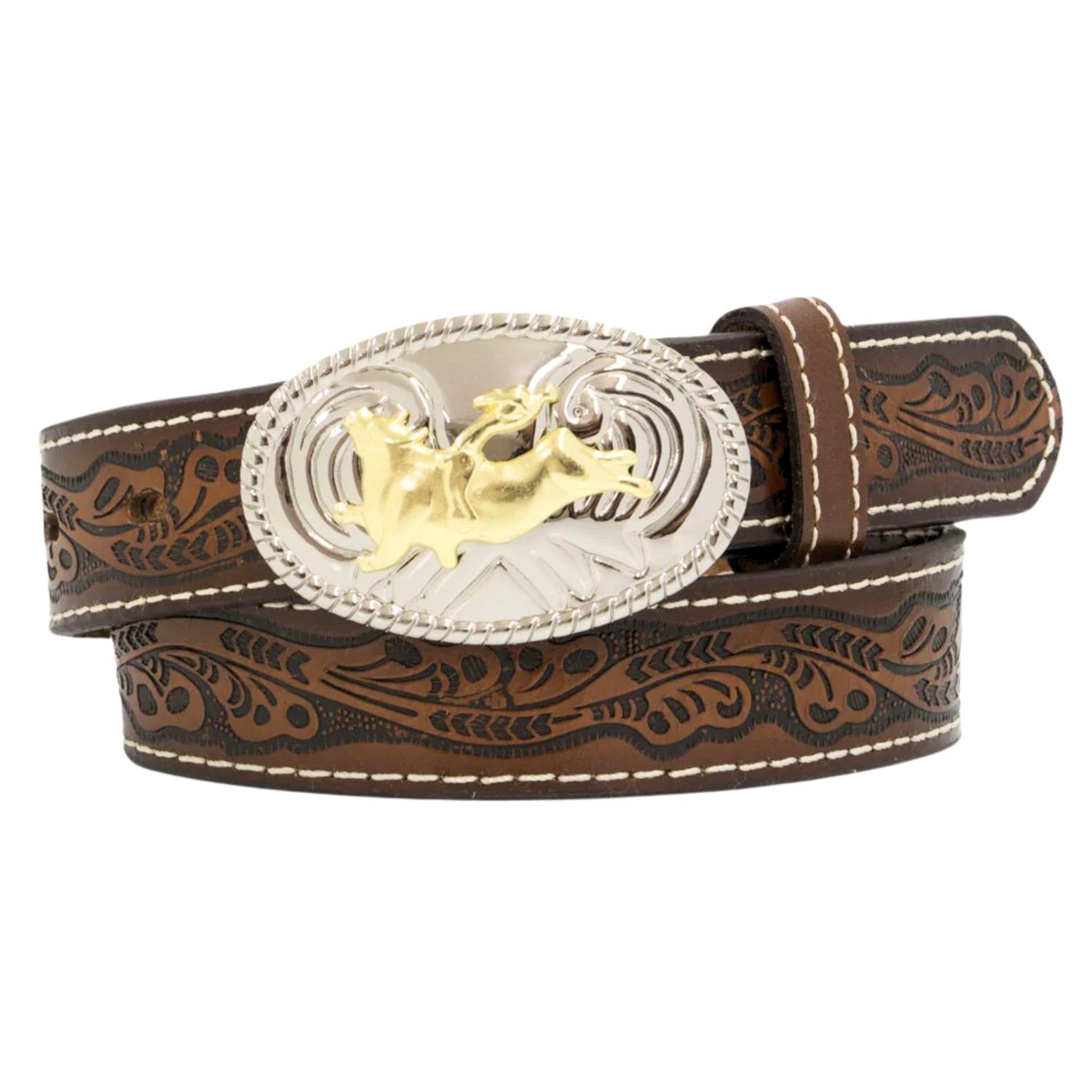 Nocona Boys Oval Buckle Bull Rider Tooled Floral Leather Belt - Picture 5 of 5