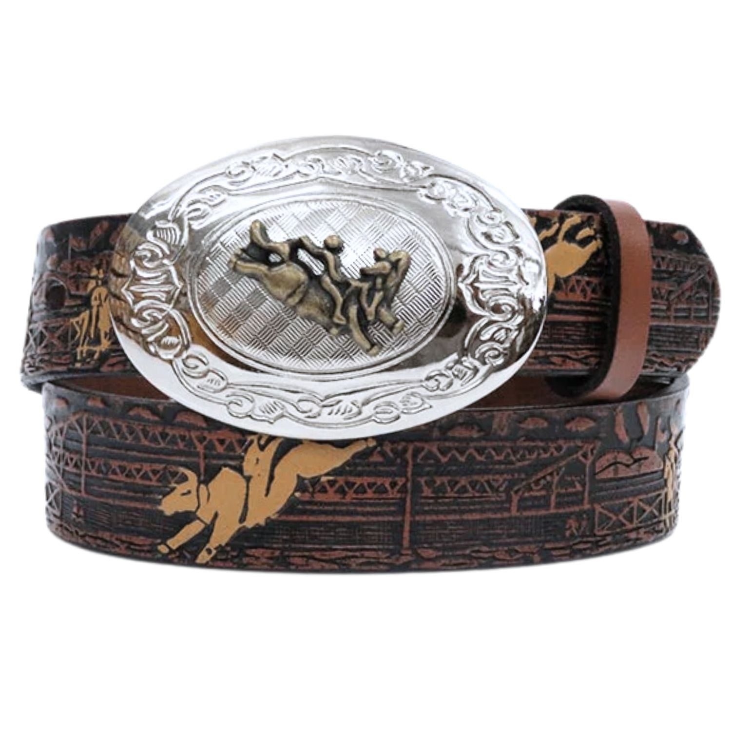 Nocona Boys Oval Buckle Bull Rider Tooled Leather Belt - Picture 6 of 8