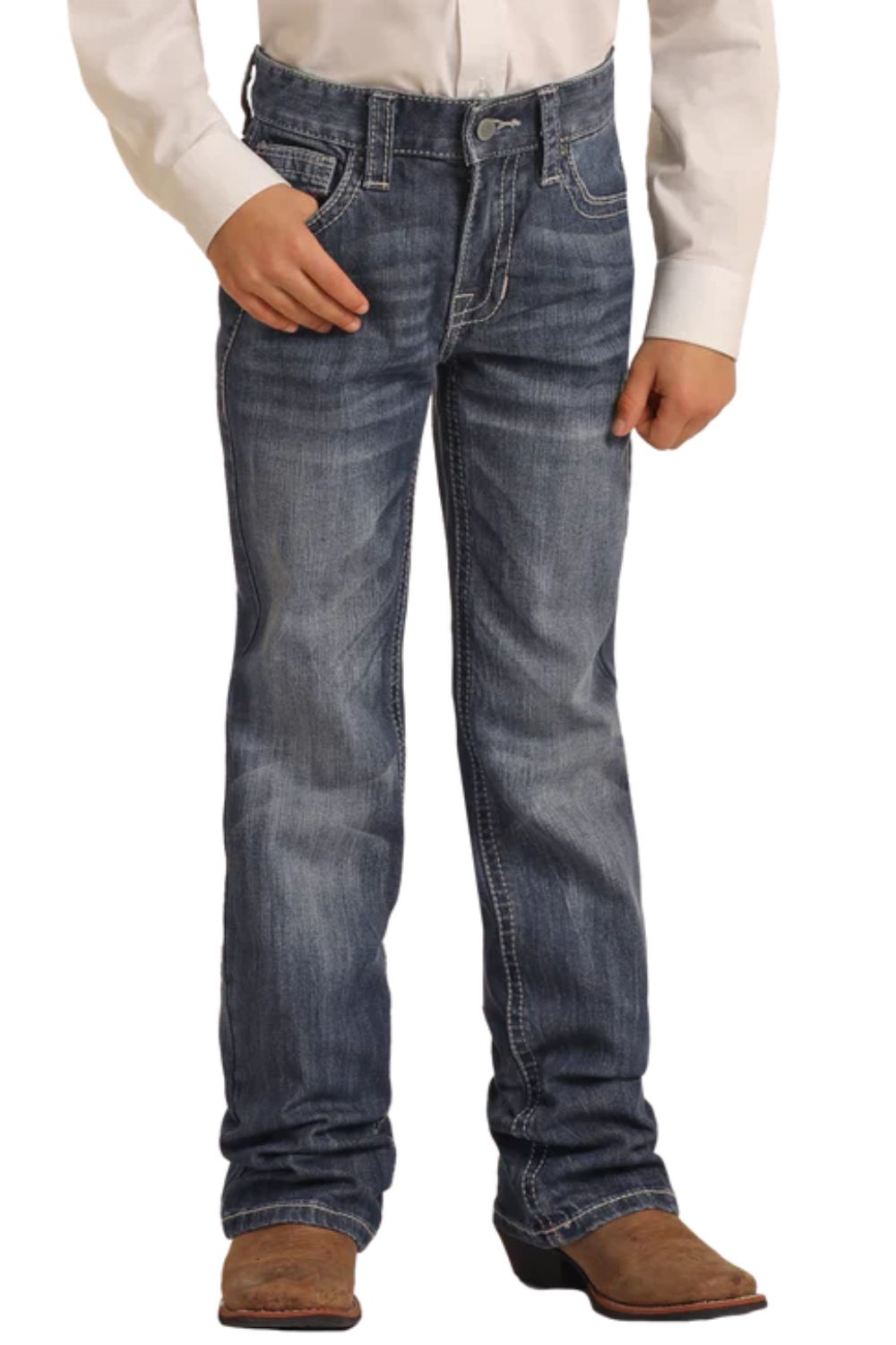 Rock & Roll Denim Boys Light Grey Top Stitching Regular Fit Bootcut Jeans - Picture 12 of 12
